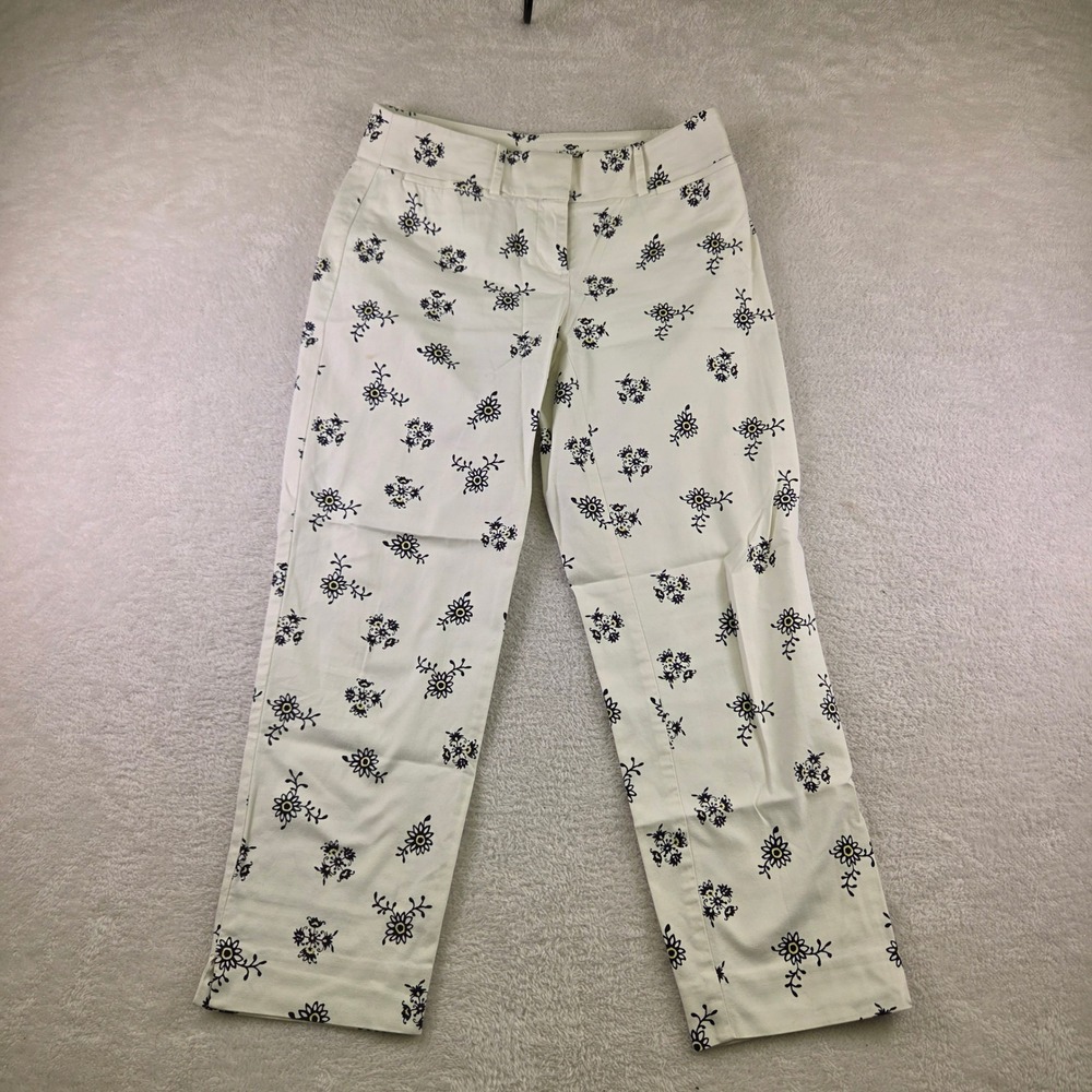 Ann Taylor LOFT Marisa White Navy Floral Straight Leg Trousers Pants Size 4